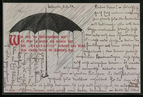 Lithographie Text unter einem Regenschirm, Was solle ne Ansichtskarte mir? Es thut ja nichts als regnen hier...