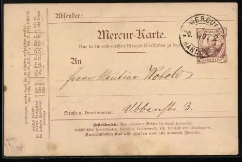Vorläufer-AK Hannover, 1892, Mercur-Karte, Ganzsache der privaten Stadtpost