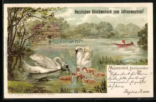 Lithographie München-Schwabing, Kleinhesseloher See, Private Stadtpost