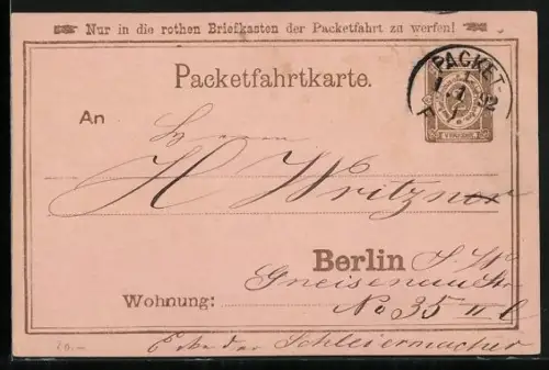 Vorläufer-AK Berlin, 1892, Packetfahrtkarte, Ganzsache der privaten Stadtpost