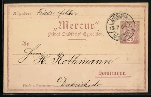 Vorläufer-AK Hannover, 1889, Privat-Stadtbrief-Expedition Mercur, Ganzsache