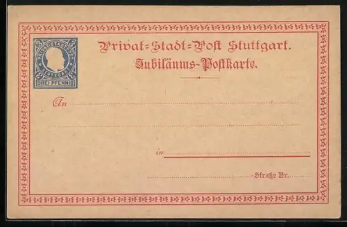 AK Stuttgart, Privat-Stadt-Post, Jubiläums-Postkarte, Ganzsache, Private Stadtpost