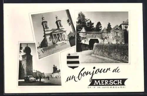 AK Mersch, Kirche, Turmtor, Ortspartie mit Turm