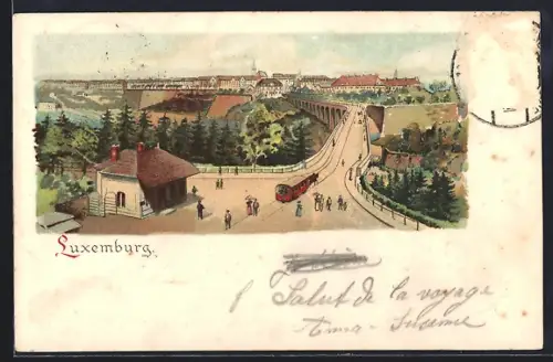 Lithographie Luxemburg, Totalansicht, Pferdebahn