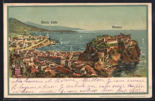 Künstler-AK F.Perlberg: Monaco-Monte Carlo, Stadtansicht mit Hafen