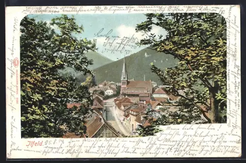 AK Ilfeld, Ortsansicht, Kirche, umgeben von Bergen und Wald