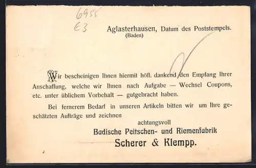 AK Aglasterhausen, Badische Peitschen- und Riemenfabrik Scherer & Klempp