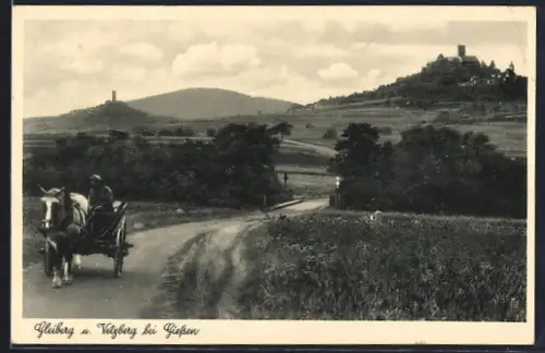 AK Gleiberg bei Giessen, Burgenlandschaft, Pferdewagen