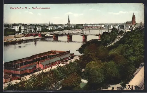 AK Frankfurt-Sachsenhausen, Mainufer, Brücke, Stadtansicht