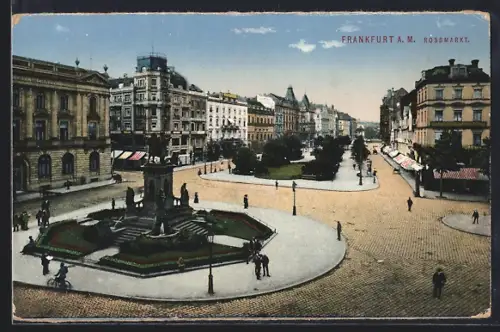 AK Frankfurt a. M., Rossmarkt, Platzansicht mit Brunnen und umliegenden Gebäuden