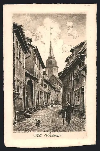 Künstler-AK Weimar / Thüringen, Altstadt, Strassenansicht mit Kirche