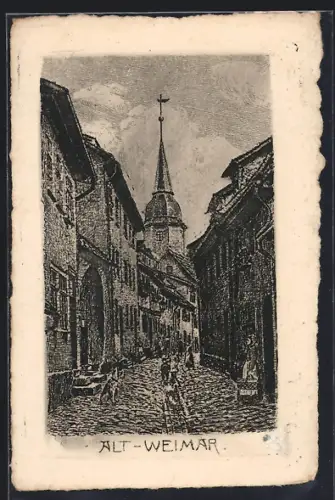 Künstler-AK Weimar / Thüringen, Altstadt, Strassenszene mit Kirche