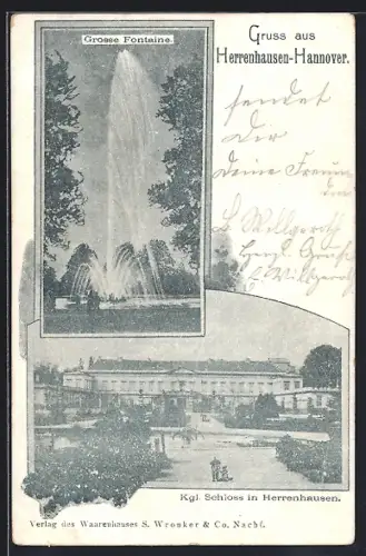 AK Herrenhausen-Hannover, Grosse Fontaine, Kgl. Schloss in Herrenhausen