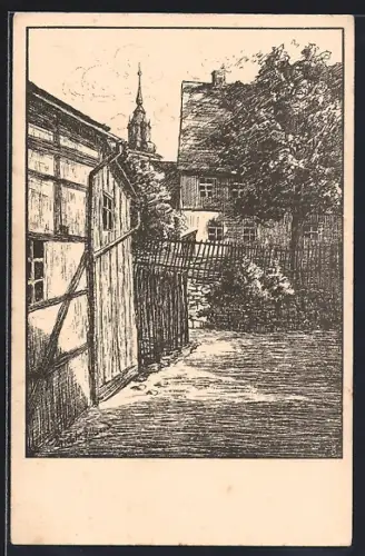 Künstler-AK Schneeberg / Erzgebirge, Fachwerkhaus und Kirche