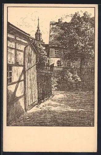 Künstler-AK Schneeberg / Erzgebirge, Fachwerkhaus und Kirche
