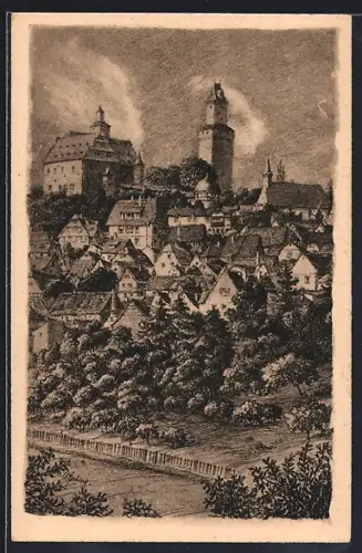 Künstler-AK Kronberg im Taunus, Burg, Stadtturm, Altstadt