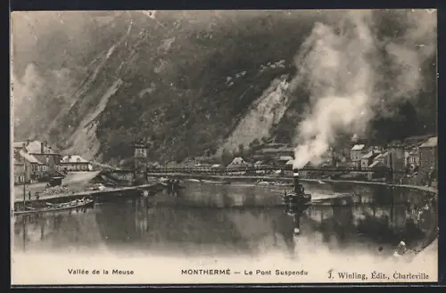 AK Monthermé, Le Pont Suspendu et un bateau à vapeur sur la Meuse