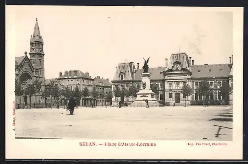AK Sedan, Place d`Alsace-Lorraine avec statue et bâtiments historiques
