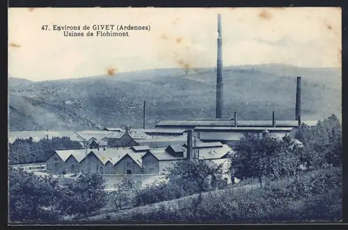 AK Flohimont /Givet, Usines de Flohimont avec paysage vallonné en arrière-plan