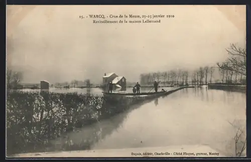 AK Warcq, Ravitaillement de la maison Lallemand lors de la crue de la Meuse, 23-25 janvier 1910