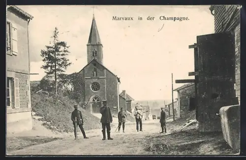 AK Marvaux /Champagne, Rue principale avec église et soldats en Champagne