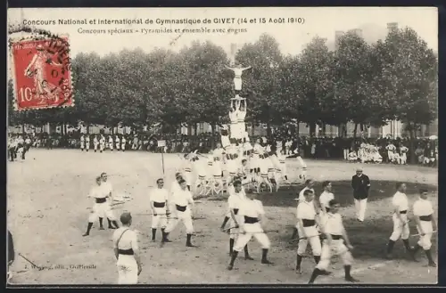AK Givet, Concours de gymnastique avec pyramides humaines, 14 et 15 Août 1910
