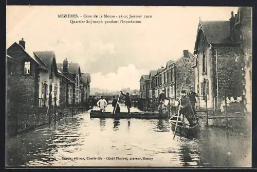 AK Mézières, Quartier St-Joseph pendant l`inondation de la Meuse 23-25 janvier 1910