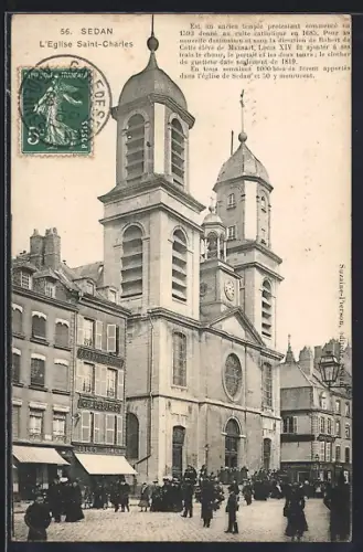 AK Sedan, L`Église Saint-Charles et la place animée avec passants et bâtiments environnants