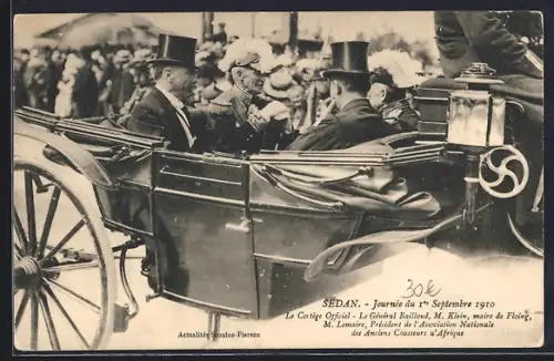 AK Sedan, Journée du 1er Septembre 1910, Le Cortège Officiel avec le Général Bailloud et M. Klein