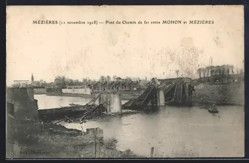 AK Mézières, Pont du Chemin de fer entre Mohon et Mézières après destruction, 11 novembre 1918
