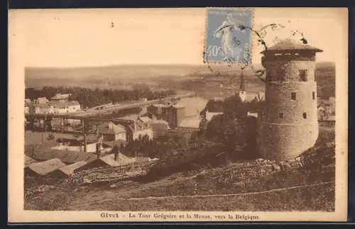 AK Givet, La Tour Grégoire et la Meuse, vers la Belgique