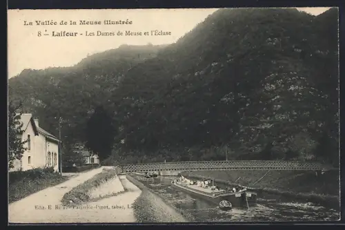 AK Laifour, Les Dames de Meuse et l`écluse avec péniche et montagne en arrière-plan
