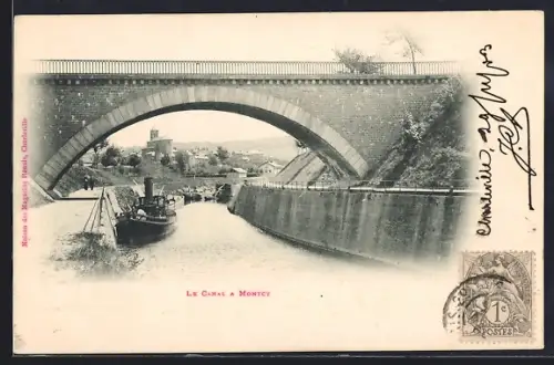 AK Montcy, Le Canal avec pont et village en arrière-plan