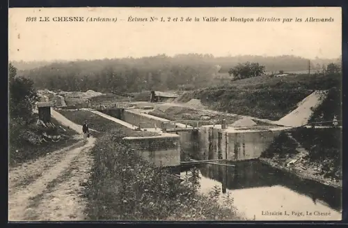 AK Le Chesne /Ardennes, Écluses No 1, 2 et 3 de la Vallée de Montgon détruites par les Allemands