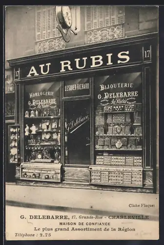 AK Charleville, Facade de la bijouterie et horlogerie G. Delebarre Au Rubis