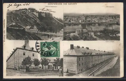 AK Givet, Souvenir de Givet mit Fort de Charlemont und Quai de Meuse