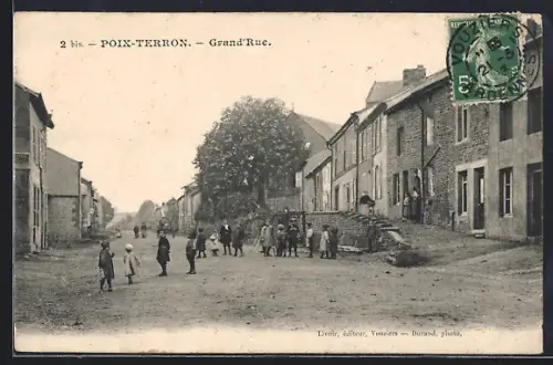 AK Poix-Terron, Grand`Rue animée avec des enfants jouant dans la rue