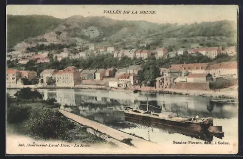 AK Monthermé-Laval-Dieu, Bateau sur la Meuse et vue du village