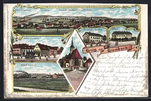 Lithographie Grumbach / Wilsdruff, Gasthof, Bahnhof, Warenhaus, Schule, Landberg