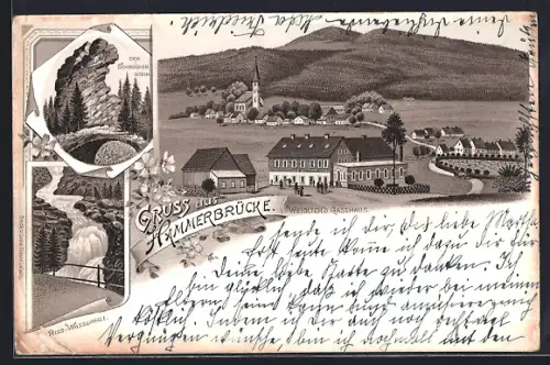 Lithographie Hammerbrücke, Weidlich`s Gasthaus, Schneckenstein, Wasserfall