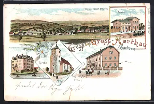 Lithographie Gross-Harthau i. Sachsen, Geschäftshaus E. Teich, Villenviertel mit Brauerei, Kirche, Schloss
