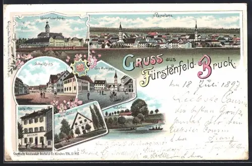 Lithographie Fürstenfeld-Bruck, Marktplatz, Gasthaus Ludwigshöhe, Marta-Keller, Weiherhaus