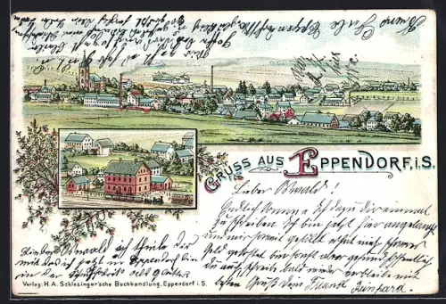 Lithographie Eppendorf i. S., Bahnhof, Ortspanorama