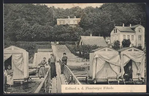 AK Kollund /Flensburger Förde, Teilansicht mit Badekabinen