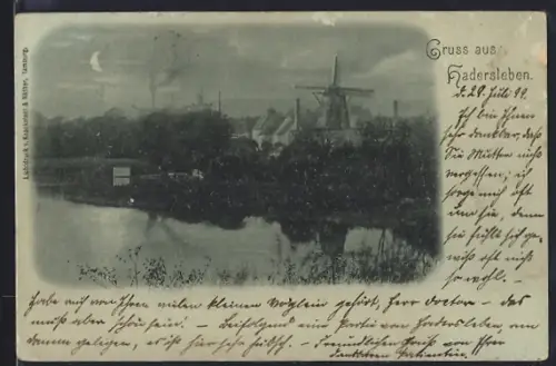 Mondschein-AK Hadersleben, Panorama mit Windmühle vom Wasser aus