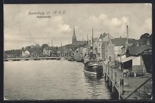 AK Sonderburg, Hafenpartie mit Stadtpanorama