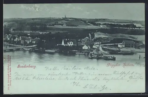 Mondschein-AK Sonderburg, Düppeler Höhen, Ortsansicht aus der Vogelschau