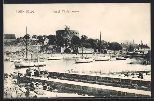 AK Insel Christiansoe /Bornholm, Hafenpanorama mit Bootsfurt