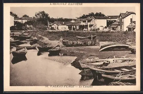 AK Valras-Plage, Le Canalet avec bateaux de pêche et maisons en arrière-plan
