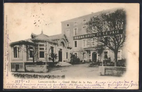 AK Lamalou-le-Bas, Grand Hôtel de la Paix et jardin devant l`entrée principale